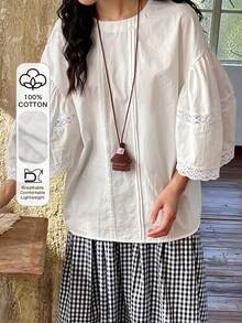 FRIFUL Women's Cotton Patchwork Sheer Lace Embroidered Loose Blouse - White - View 1