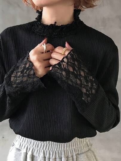 FRIFUL Solid Color Turtleneck Long Sleeve Patchwork Sheer Lace Fabric Loose Casual Versatile T-Shirt