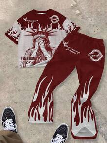 Tween Boy Round Neck T-Shirt And Flare Pants Casual 2 Pieces Set, Suitable For Summer - Multicolor - View 1