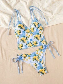 Swim Vcay 2件套全新随机印花性感优雅度假吊带背心和比基尼泳装套装，适合海滩、泳池派对 - 彩色 - 查看 4