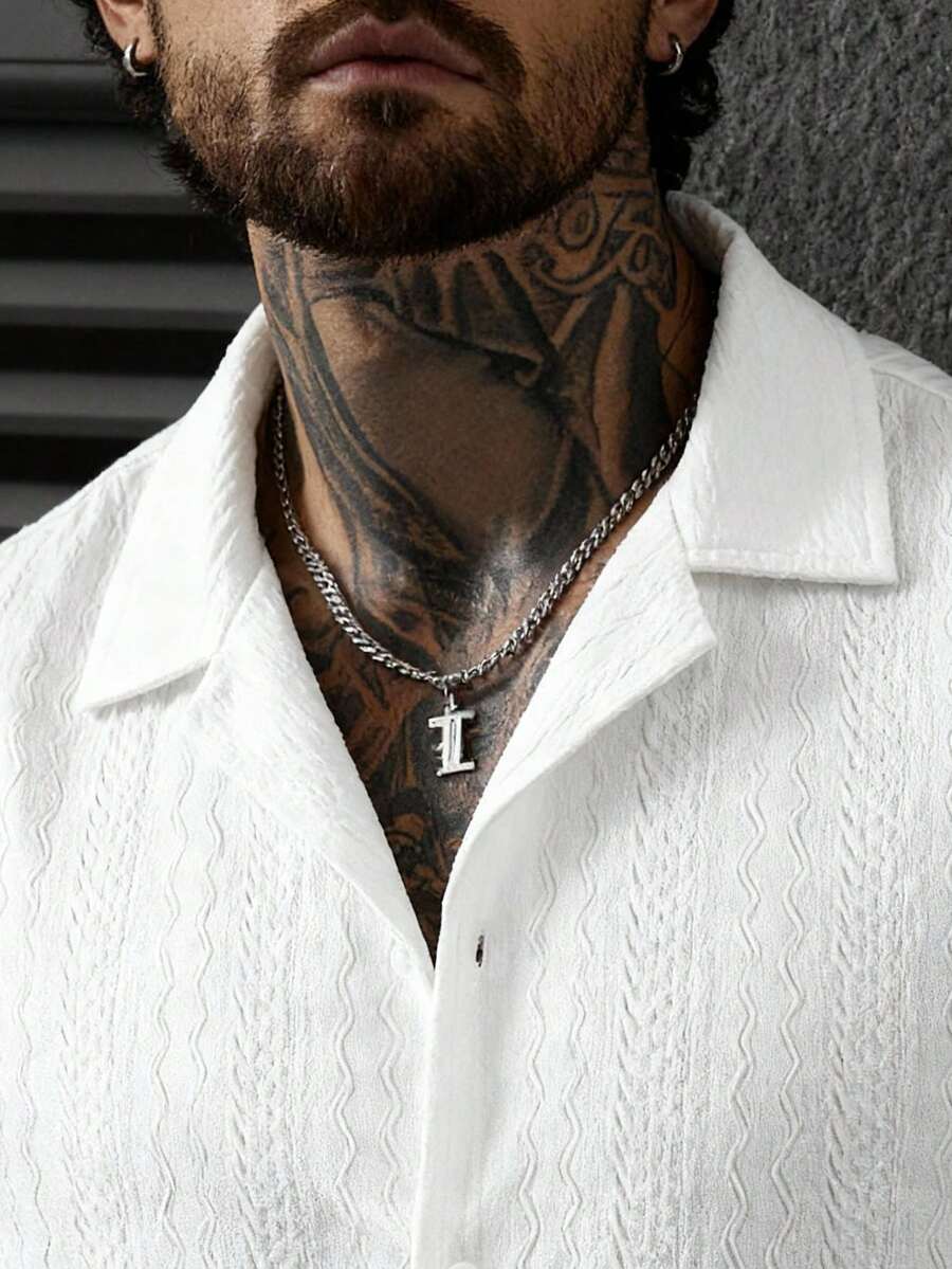 HIMLAND 男士纹理前开襟短袖衬衫，春夏款 - 白色 - 查看 1