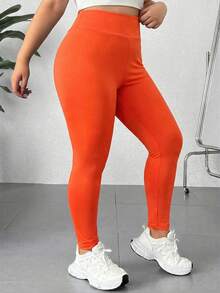 SHEIN EZwear Plus Size Solid Color Elastic High Waist Skinny Leggings - Orange - View 6