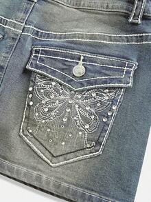 ROMWE J-Fashion Y2K 复古低腰蝴蝶刺绣可调节撞色牛仔迷你裙（女款） - 藍色 - 查看 3