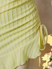 Zolique Women's Pale Yellow Summer Elegant Vacation Dress,Deep V-Neck Drawstring Ruched Waist Floral Trim Sundress,Sweet Japanese Style Mesh Mini Dress - Yellow - View 4