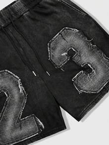 ROMWE MEN Grunge Punk 男士休闲数字贴布短裤，夏季 - 黑色 - 查看 3