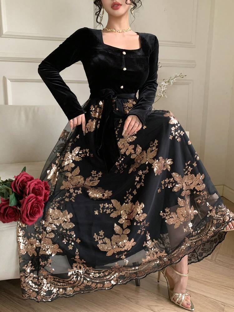 Women's Square Neck Velvet Patchwork Floral Embroidered Waist Cinched Elegant Dress Sundress