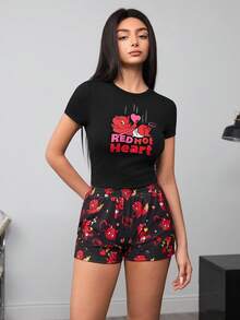 SHEIN HOT STUFF Women's Casual Letter Print Short Sleeve T-Shirt And Shorts Pajama Set, Summer - Black - View 3