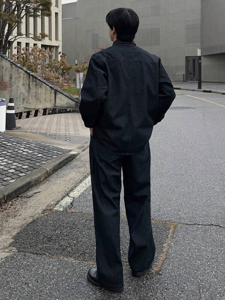 Navy Blue Shirt & Jeans Suit For Men, Spring/Autumn