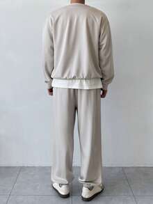 DAZY Men's Letter Embroidered Crew Neck Sweatshirt Outfit, Khaki, Spring/Autumn - Khaki - View 2