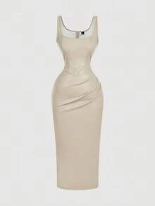 SHEIN MOD 大码PU皮棕色女式连衣裙，鸡尾酒会礼服，生日礼服，冬季连衣裙，秋季连衣裙，优雅派对礼服，正式礼服，晚礼服，时尚婚礼礼服 - 杏色 - 查看 1