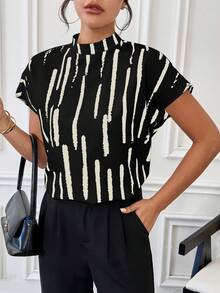 SHEIN Essnce Women's Summer Brush Print Stand Collar Short Sleeve Casual Loose Shirt - Black - View 5