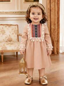 Baby Girl Casual Vacation Striped Retro Print Flare Sleeve Patchwork Tassel Hem Dress, Khaki - Khaki - View 5