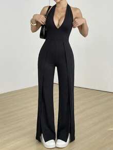 FavEase Black Deep V-Neck Backless Cinched Waist Slit Wide Leg Jumpsuit, Women's Spring/Summer , Fashionable Minimalist, Versatile For Commute, Sexy Party, Vacation, Beach, Casual, Retro, Daily Wear - Black - View 1