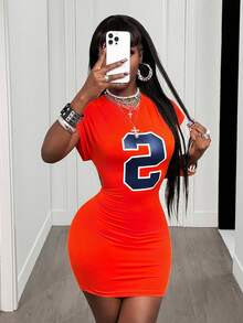 BamGleam Numeric Print Ruched Casual Short Sleeve Bodycon Dress - Orange - View 7