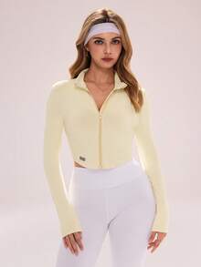 Sovereign Charm 休闲百搭浅黄色立领拉链短款字母提花拇指孔修身运动夹克 - 淡黃色 - 查看 3