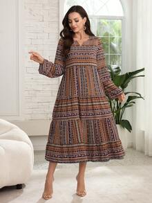 Lacomfia Casual Print Round Neck Cutout Long Sleeve Layered Loose Regular Midi Dress For Women, Spring/Autumn - Multicolor - View 4
