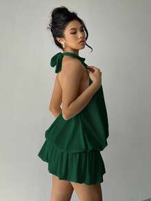 Aloruh Women's Solid Color Pleated Halter Backless Sleeveless Mini Dress - Dark Green - View 6
