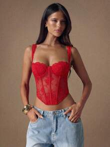 SHEIN BAE 性感蕾丝交叉抹胸露脐上衣，夏季，裹身式上衣，万圣节女装，万圣节服装 - 紅色 - 查看 4