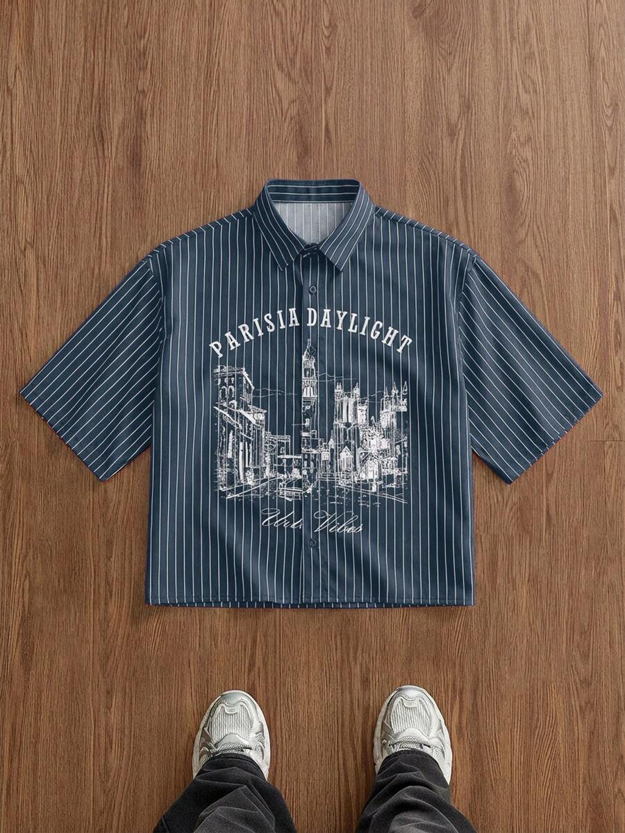 SWAVVY Áo sơ mi nam tay ngắn dệt họa tiết sọc dọc in chữ, kiểu dáng thời trang - Màu xanh lam - Xem 1