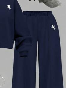 SHEIN ChillGRL 2pcs/Set Teenage Girls Casual Minimalist Horse Print Crew Neck Short Sweatshirt And Sweatpants Outfit, Comfortable And Warm For Autumn/Winter - Navy Blue - View 3