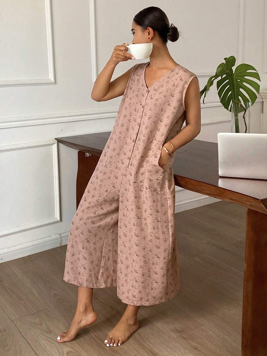 DAZY Ditsy Floral Sleeveless Loose Women's Jumpsuit Pajamas - Khaki - View 1