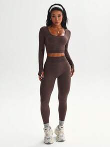 Dewbera Women's Solid Color Cropped Top And Leggings Sports Suit - Brown - View 6
