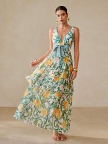 Swim Oasis V-Neck Printed Mesh Skirt Set - Multicolor - View 5