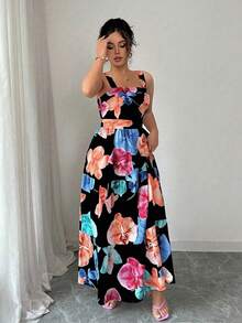 Elenzga Vestido casual sin mangas con estampado floral y cintura ceñida para mujeres de talla grande, ideal para vacaciones y uso diario - Negro - Ver 3