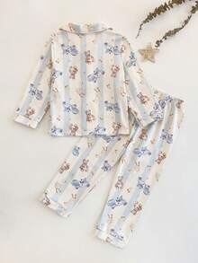 男童睡衣套装 - 两件套睡衣，蓝色动物印花，长袖翻领纽扣上衣，松紧腰长裤，柔软轻盈，四季皆宜，2026年假日必备礼物，可爱卡通简约风 - 彩色 - 查看 2