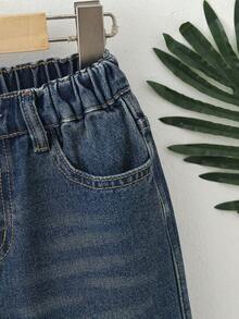 SHEIN Mirajuku Denimly 男童寬鬆版型淺藍色牛仔褲，彈性腰頭休閒夏季開學牛仔褲，適合學校、戶外、旅行與職業日穿搭 - 深灰色 - 查看 4