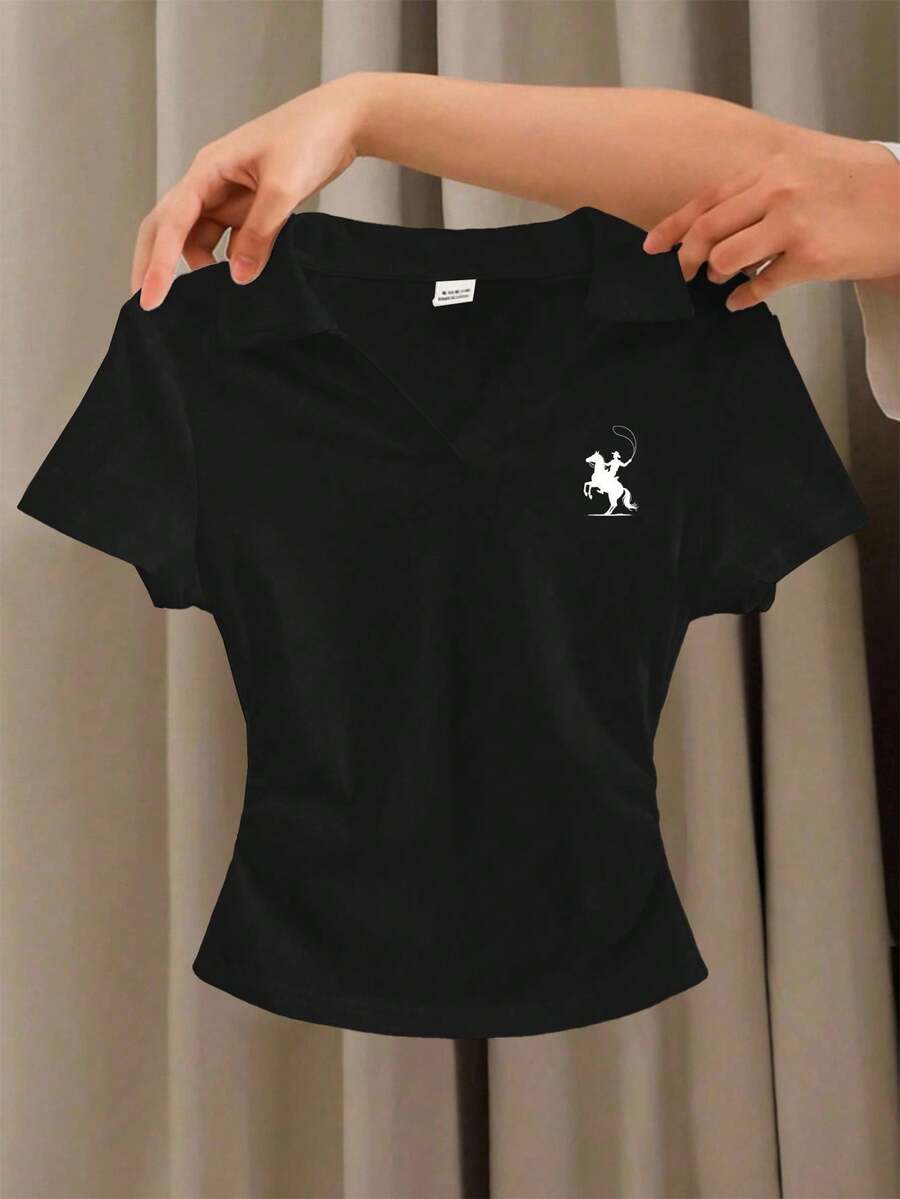 Tween Girls' Solid Color Casual Polo V-Neck Fitted Side Ruched Short Sleeve Cropped T-Shirt - Black - View 1