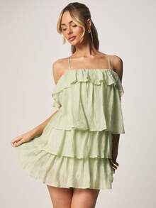MISSGUIDED Off Shoulder Tiered Ruffle Mini Dress With Spaghetti Straps Layered Flounce Design Summer Vacation Boho Chic Style - Green - View 1