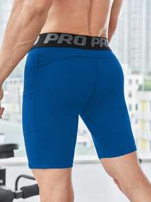 Manfinity Sport Corelite Men's Contrast Letter Tape Waist Patchwork Pocket Shapewear Sports Shorts - Blue - View 2