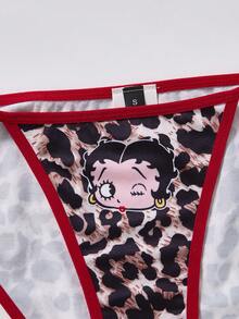 Betty Boop x SHEIN Bộ đồ lót nữ dáng dài, họa tiết da báo hoạt hình, viền tương phản, gồm áo ngực và quần lọt khe. - Đỏ - Xem 4
