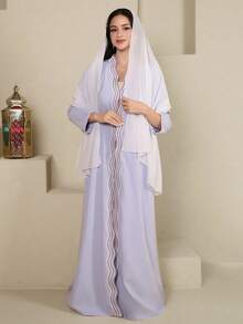 Al Najma Women's Striped Patchwork Long Sleeve Abaya Robe - Mauve Purple - View 3