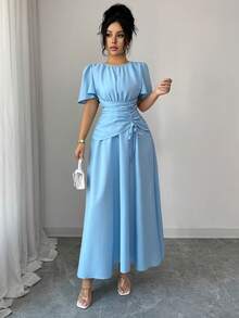 Elenzga 女士优雅春季荷叶边袖收腰简约纯色A字长连衣裙，适合约会、外出和学生穿着 - 藍色 - 查看 6