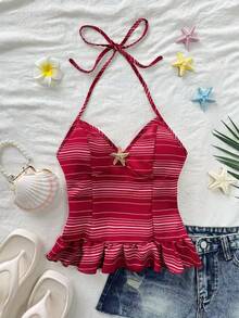 Sunnyshic Áo hai dây cổ yếm hở lưng xếp ly viền bèo nhún màu đỏ sọc dành cho nữ, thích hợp cho mùa xuân/hè, đi nghỉ mát, phong cách bohemian, đi làm, lãng mạn, thanh lịch, dễ thương, tối giản, đi học, đa năng mặc hàng ngày. - Đỏ - Xem 4