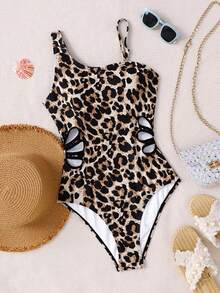 SHEIN Teen Girls' Leopard Print Off-Shoulder One-Piece Swimsuit, Cute Hollow-Out Vacation One-Piece Swimsuit, Beach Holiday, Surfing