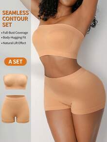 NudeFit Conjunto de ropa interior para mujer cómoda y amigable con la piel sin costuras - Albaricoque - Ver 2