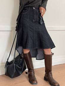 DAZY Women's Regular Mid-Waist Fishtail Skirt, Elegant Denim A-Line Skirt - Dark Wash - View 1