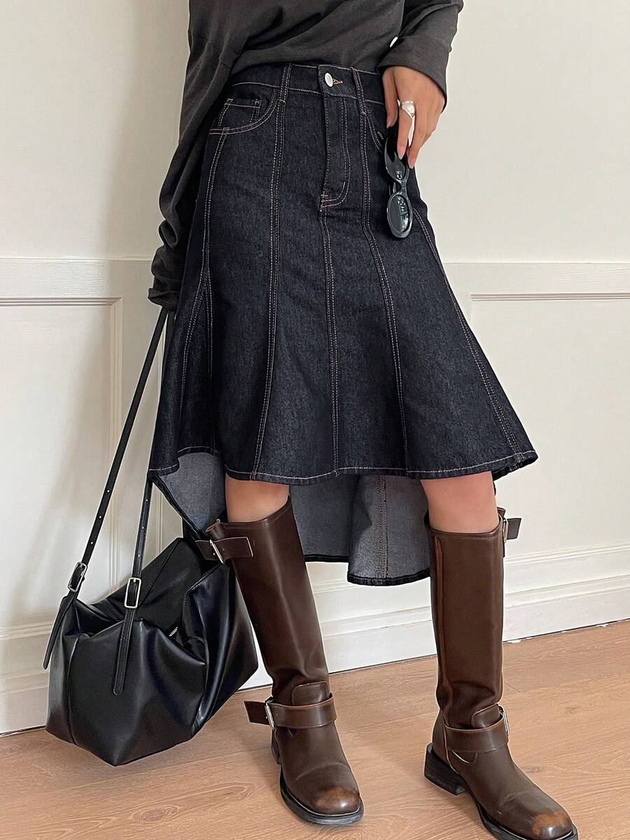 DAZY Women's Regular Mid-Waist Fishtail Skirt, Elegant Denim A-Line Skirt - Dark Wash - View 1