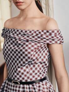 Anewsta Vintage Plaid Print Off Shoulder Cinched Waist A-Line Dress For Women,Collegiate Retro Checkered Summer Dress,Navy And White,Dining Vacation Style - Multicolor - View 2