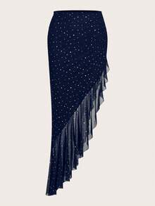 SHEIN ICON Women's Colorful Rhinestone Design Side Slit Hem Sexy Fashion Mini Skirt - Navy Blue - View 6