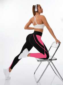 Exploreva Leggings sin costuras de cintura alta con patchwork de colores contrastantes - Rosa coral - Ver 3