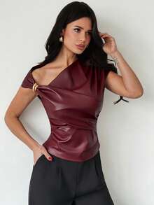 Firerie Women's Elegant Burgundy Polyurethane Batwing Cap Sleeve Ruched Asymmetrical Neck Regular Top - Burgundy - View 6