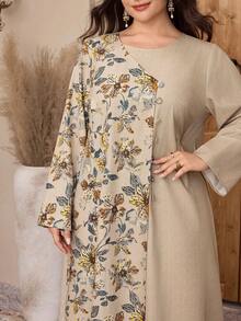 Al Najma Plus Size Women's Casual Vacation Style Floral Print Patchwork Flare Sleeve Loose Arabic Dress, Spring/Autumn - Multicolor - View 3
