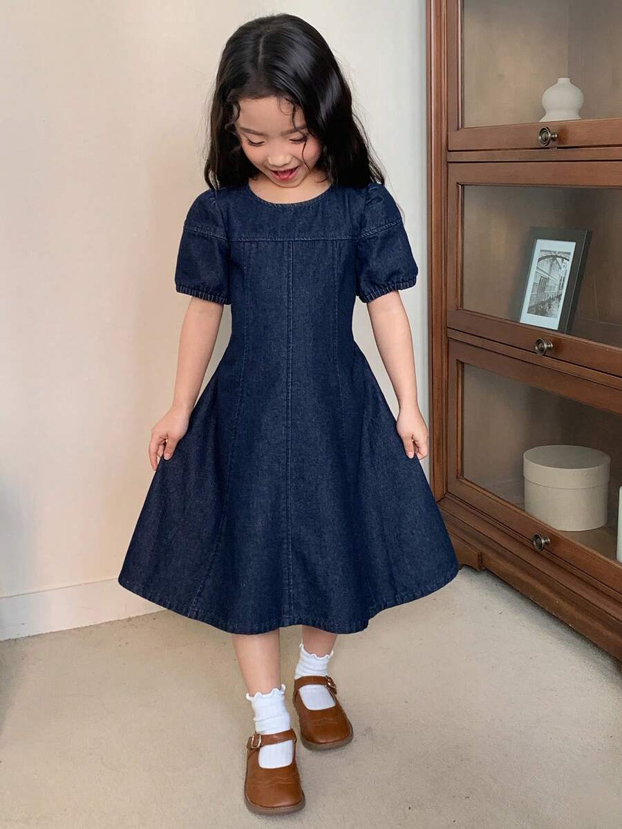 Dazy Kids Girls (Small) Round Neck Puff Sleeve Denim Dress - Blue - View 1