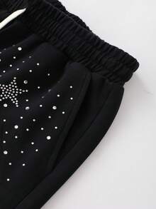ROMWE MEN Street Life Summer Casual Graphic Men'S Rhinestone Star Print Drawstring Waist Shorts - Black - View 4