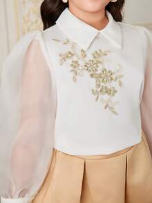 SHEIN Girl's Elegant Formal Clothing Set,Long-Sleeved White Shirt & Apricot Half-Length Skirt,Spring Autumn Wedding Party Mixed Dress Set For Children - Multicolor - View 6