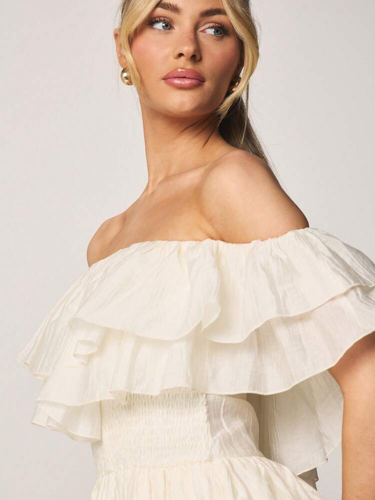 MISSGUIDED Off Shoulder Ruffle Tiered Mini Dress With Elastic Waist And Bardot Neckline For Spring Summer Occasions
